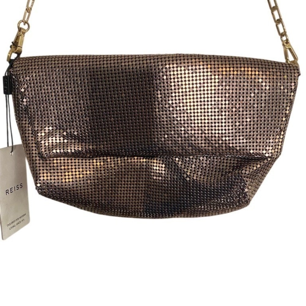 REISS Shoulder Bag Womens Small Bronze Gold Metallic Chain Zip Top
